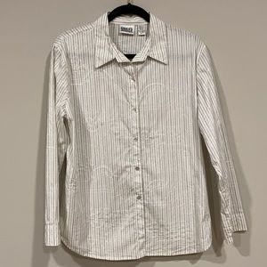 Chico’s Stripped and Embroidered Blouse.